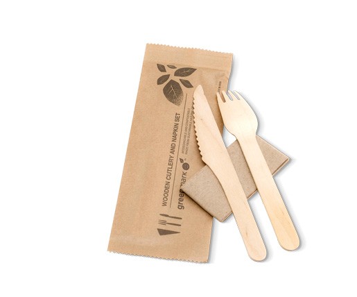 Cutlery set. Wooden fork, knife and napkin image